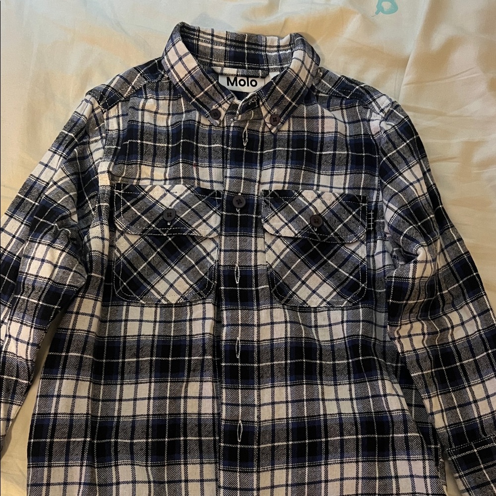 Molo Kids Navy and White Plaid Button-Down Shirt